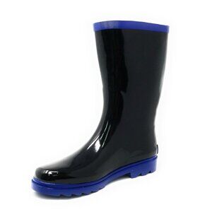 Women Rainboots, Mid Calf Rubber Rain Boots, RB-6044, Black / Blue Trim